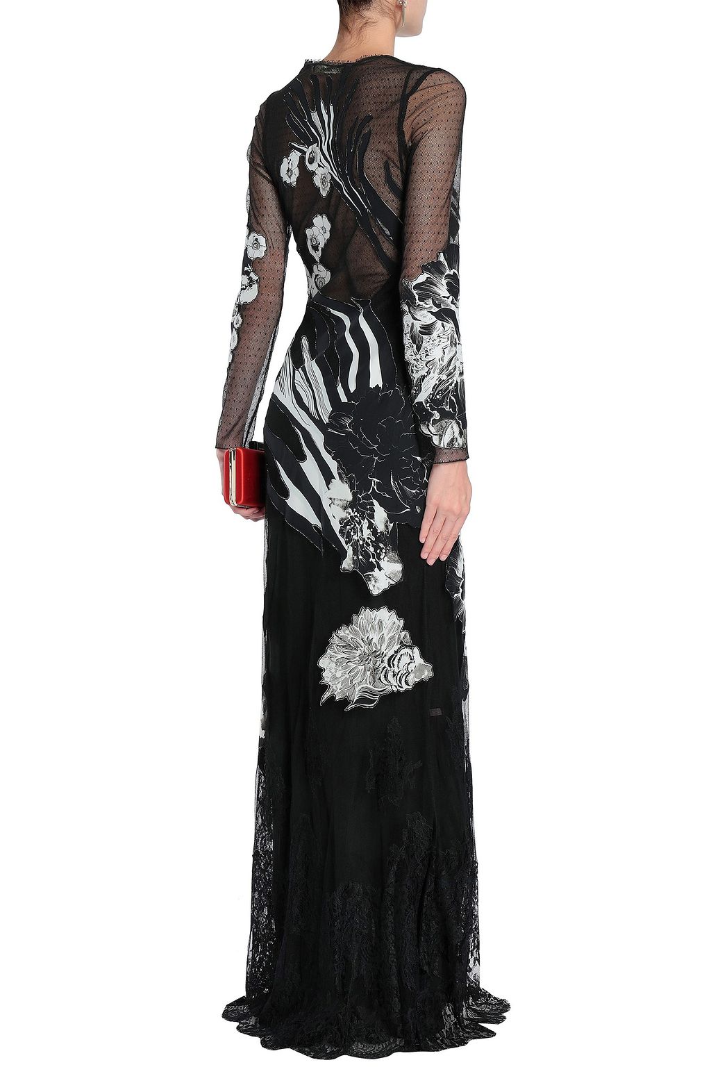 ROBERTO CAVALLI Paneled lace, point d'esprit and printed silk crepe de chine gown