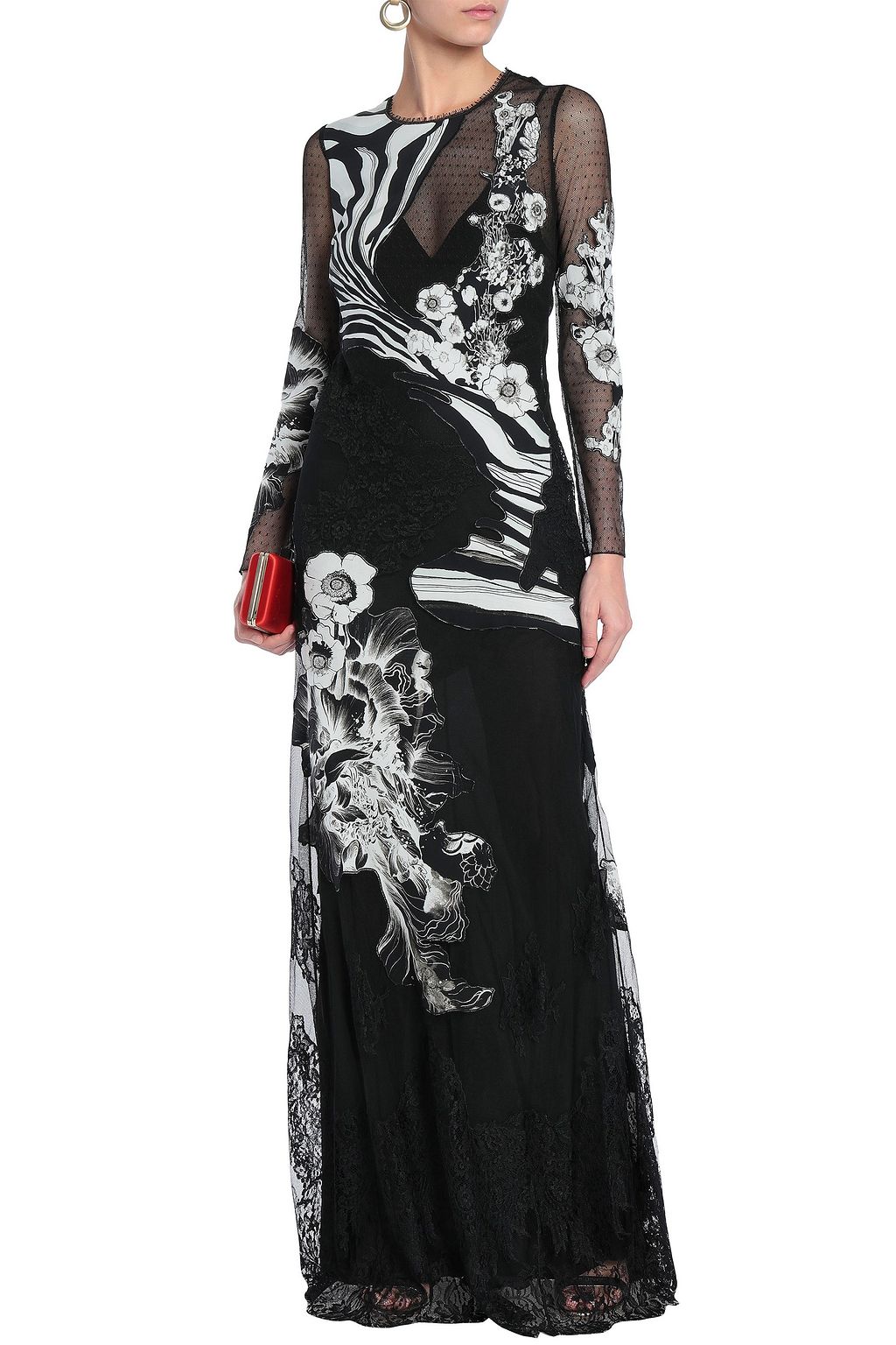 ROBERTO CAVALLI Paneled lace, point d'esprit and printed silk crepe de chine gown