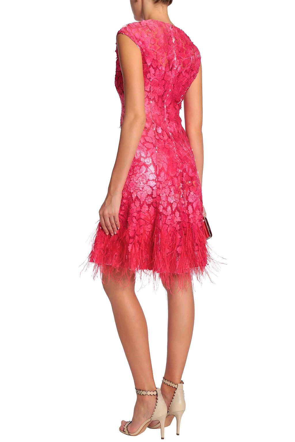 ELIE TAHARI Feather-embellished embroidered tulle dress