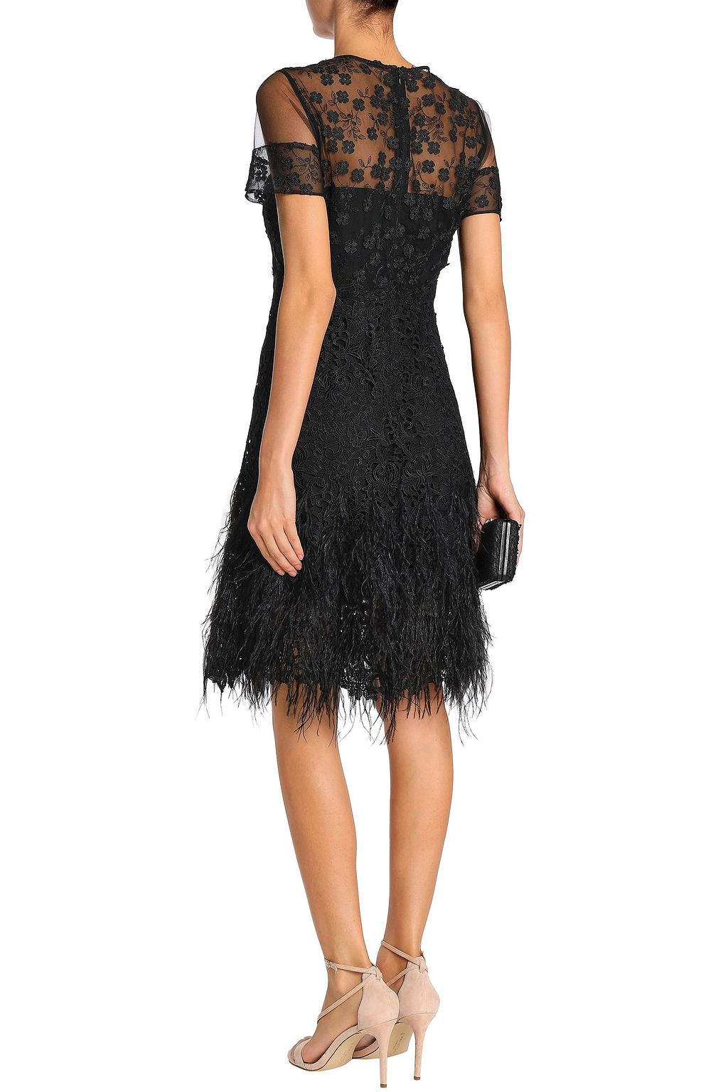 ELIE TAHARI Anabelle feather-trimmed embroidered tulle dress