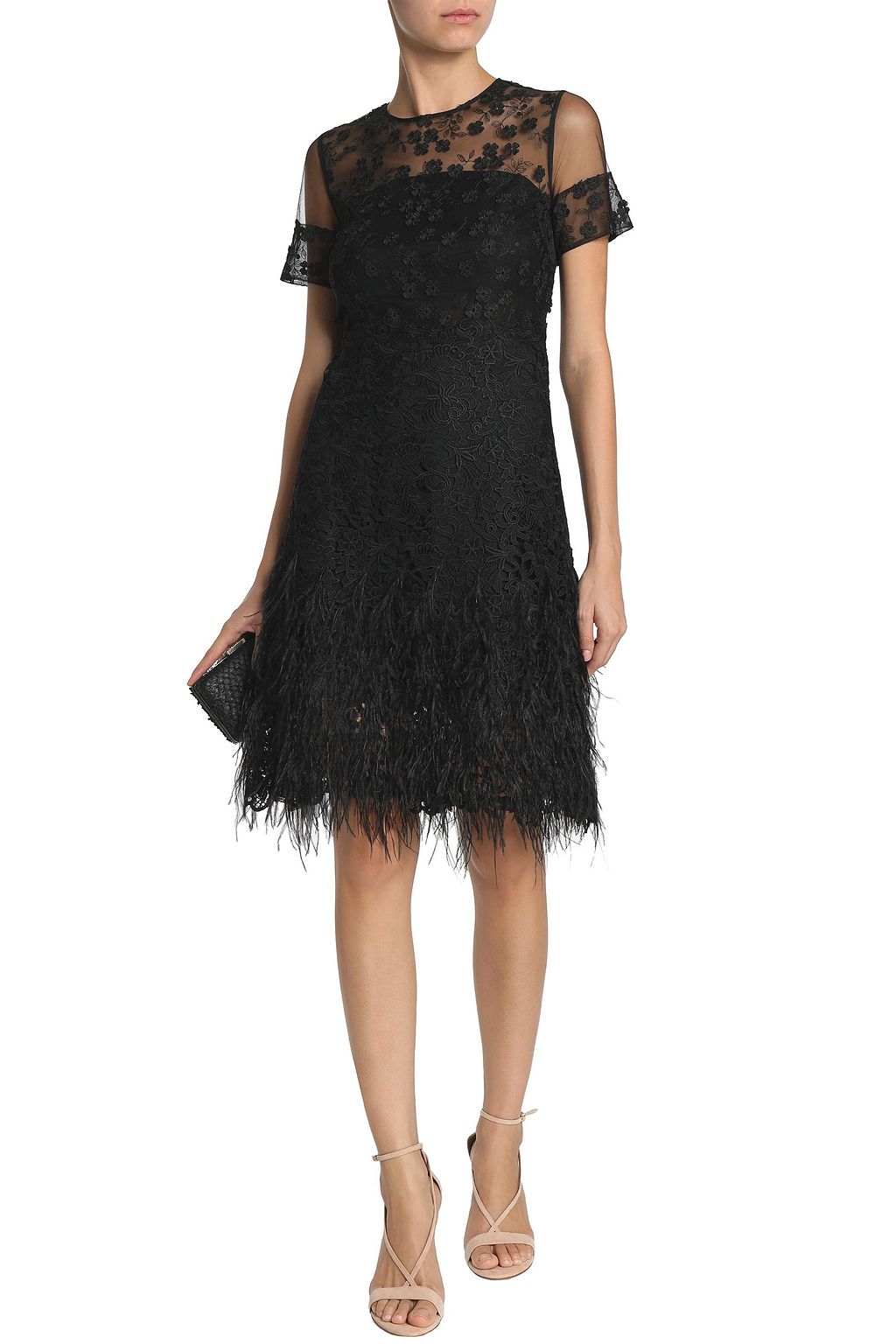 ELIE TAHARI Anabelle feather-trimmed embroidered tulle dress