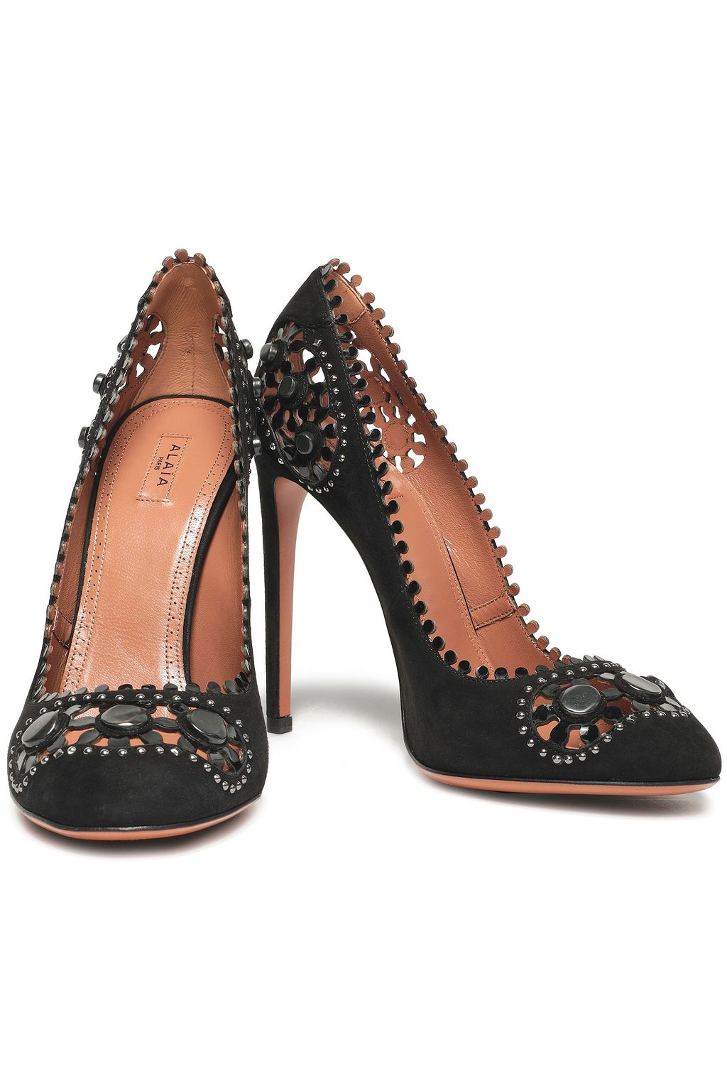ALAÏA Studded laser-cut suede pumps