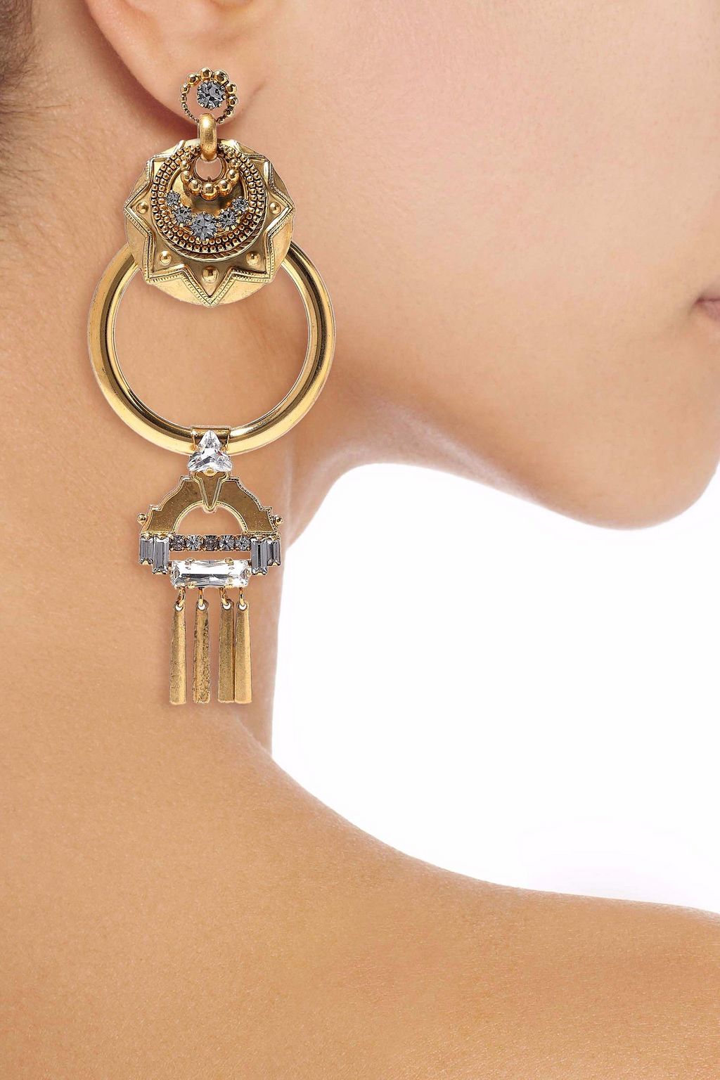 ELIZABETH COLE Kimona burnished 24-karat gold-plated crystal hoop earrings