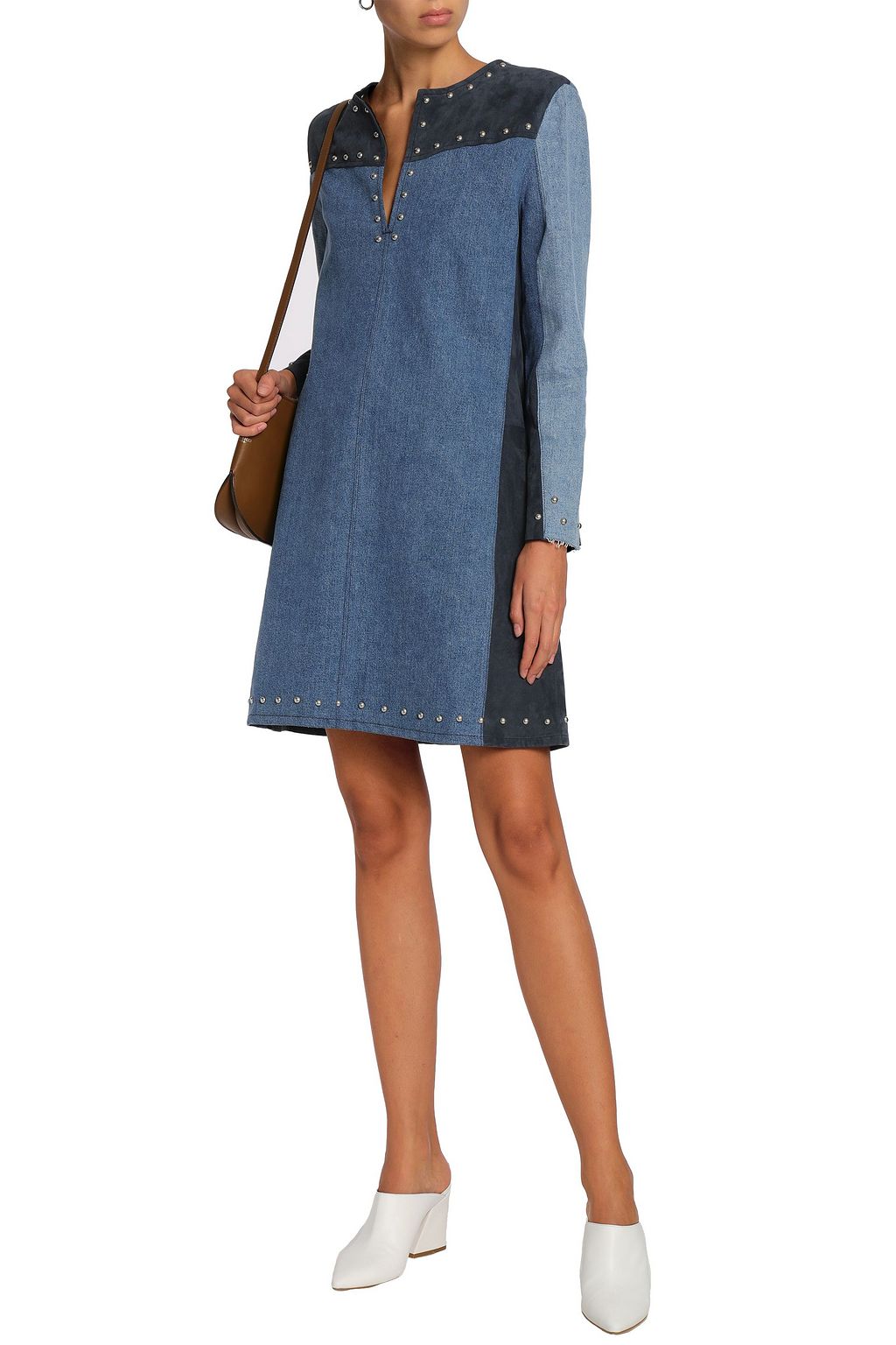 M.I.H JEANS Izzo Rosier studded paneled denim and suede mini dress