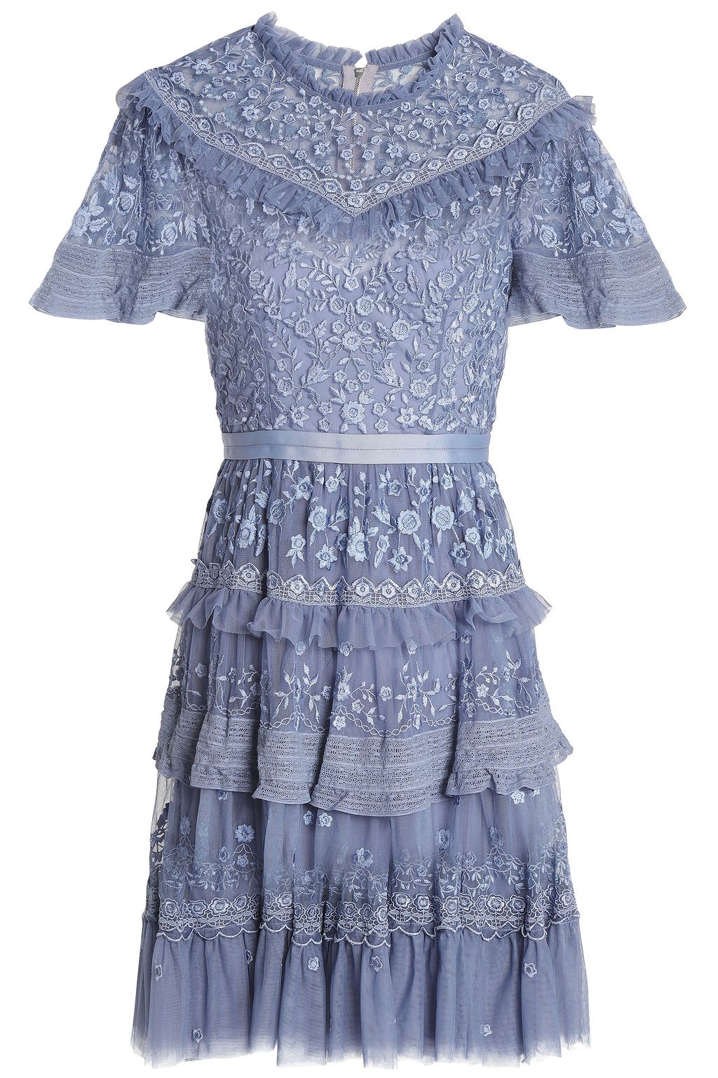 needle & thread embroidered tulle midi dress with cap sleeve in lavender