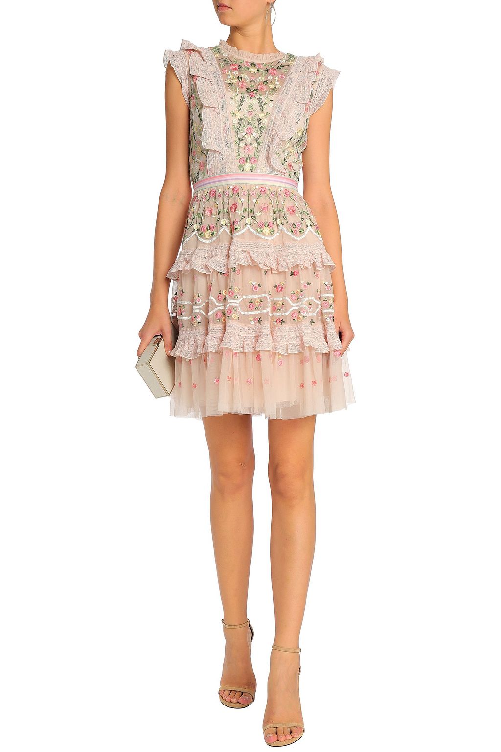 NEEDLE & THREAD Ruffled tiered embroidered tulle mini dress