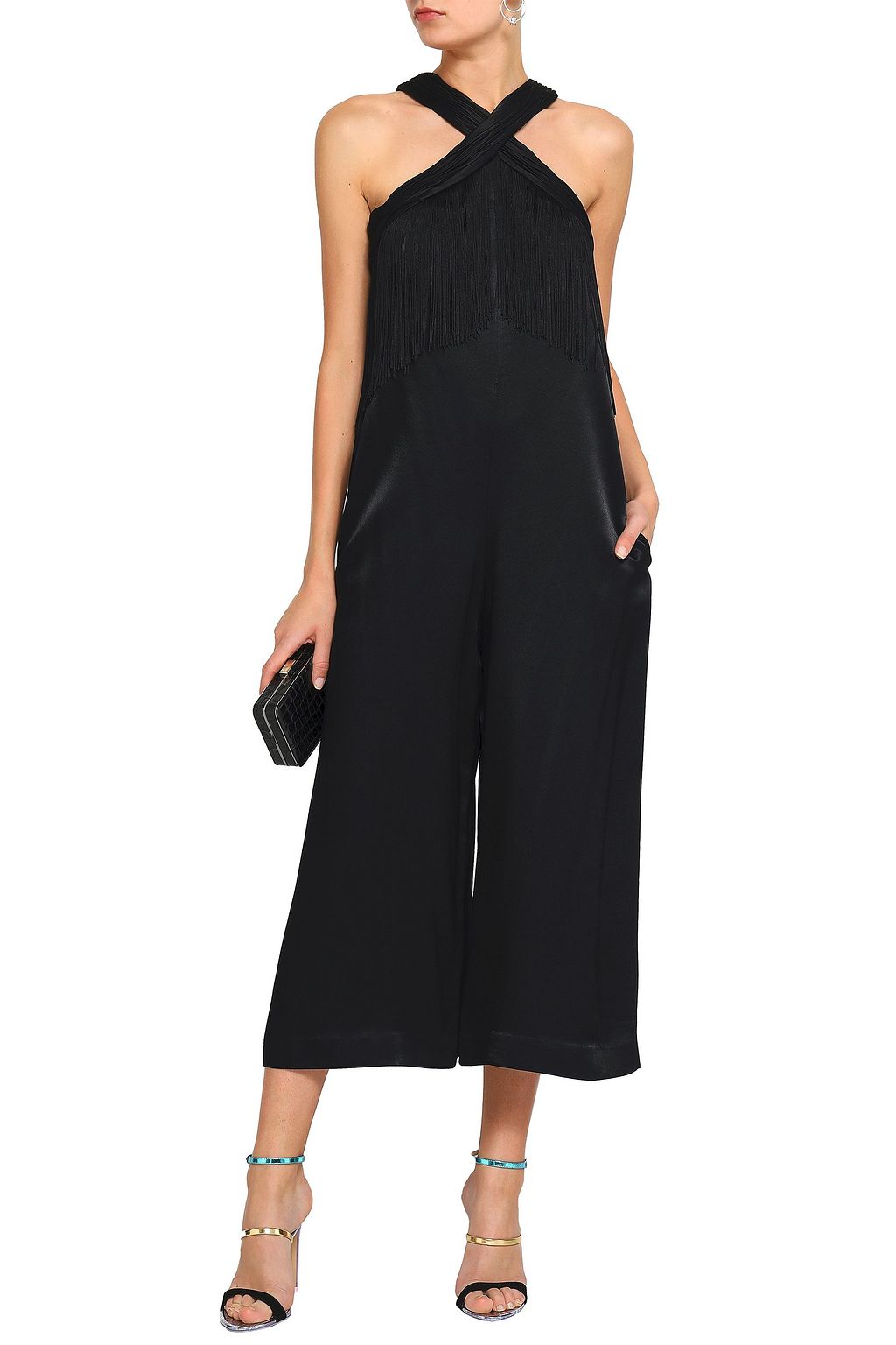 RACHEL ZOE Cropped lace-trimmed crepe satin jumpsuit