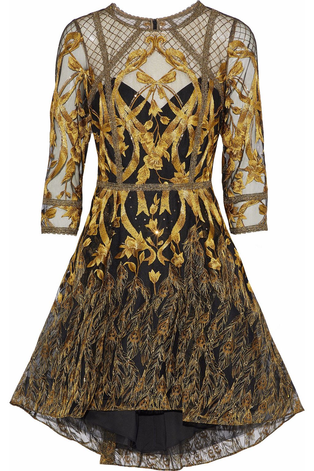 marchesa notte black and gold dress