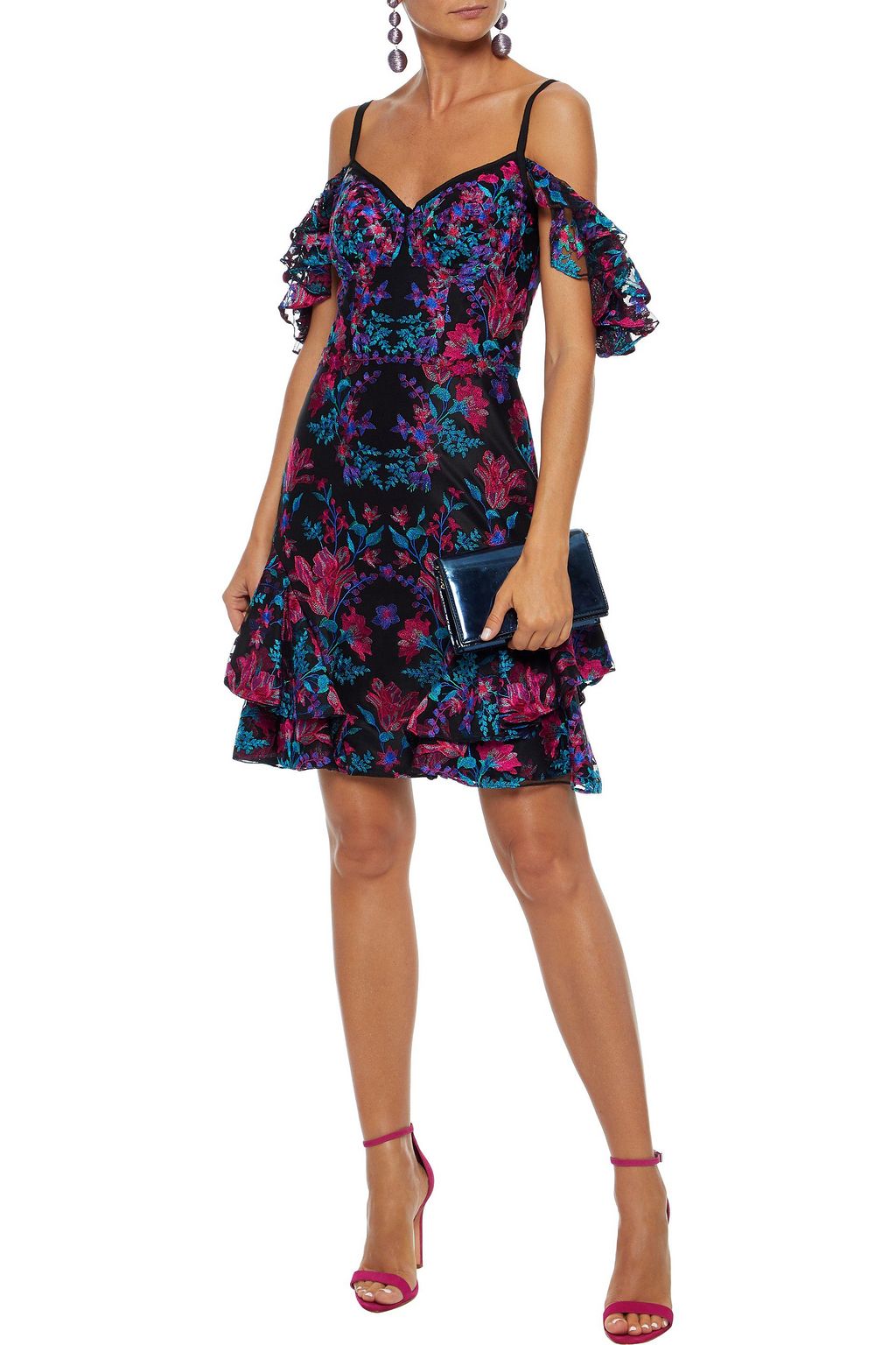 MARCHESA NOTTE Cold-shoulder embroidered tulle and crepe mini dress