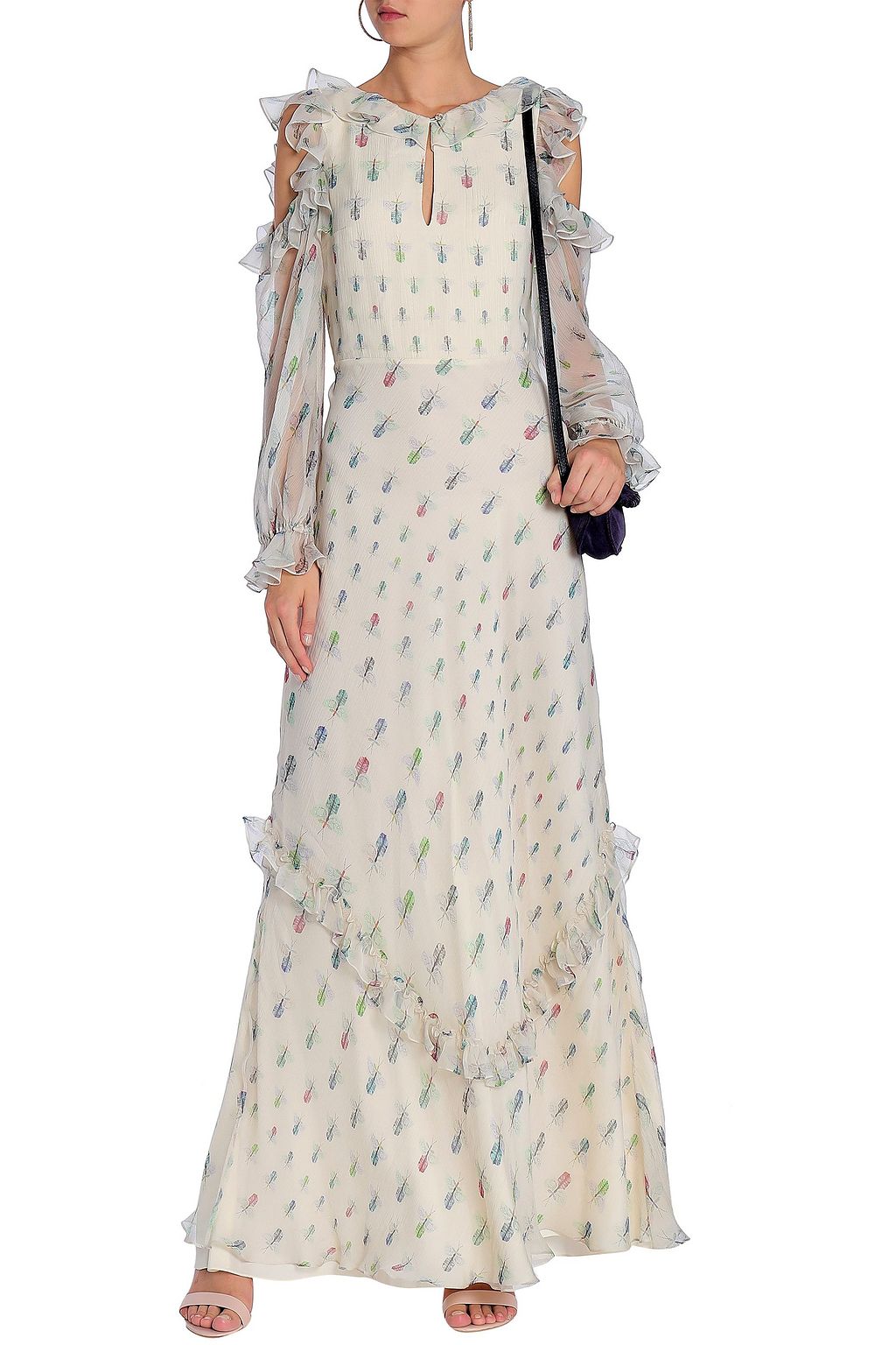 VILSHENKO Cold-shoulder ruffle-trimmed printed silk-georgette maxi dress