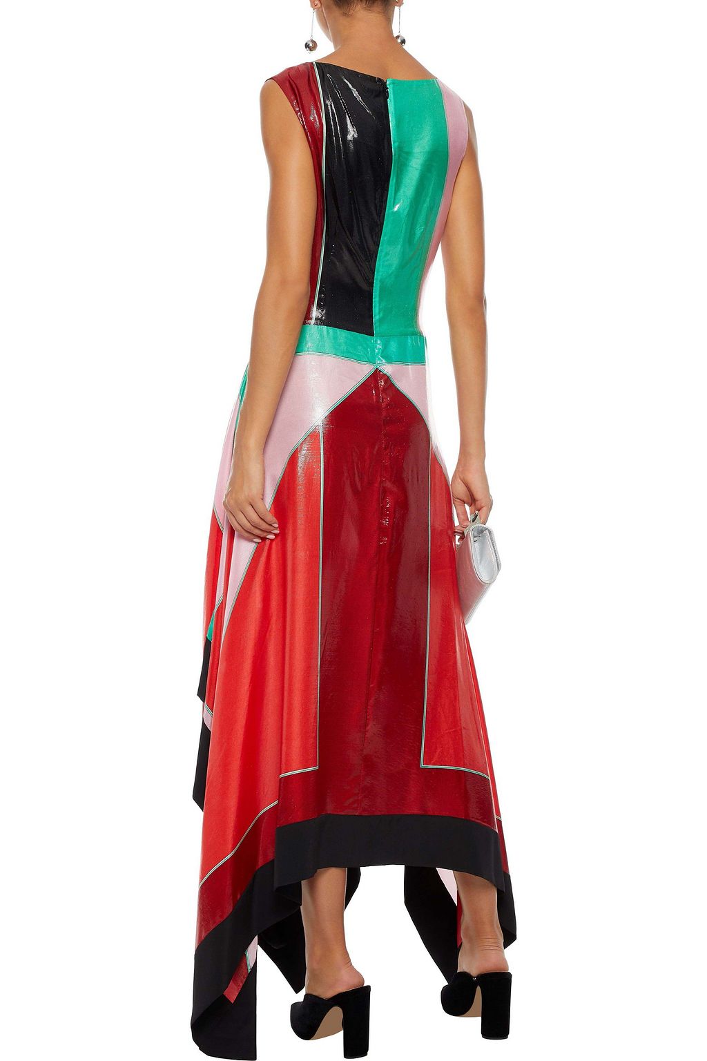 DIANE VON FURSTENBERG Asymmetric color-block coated silk-blend midi dress