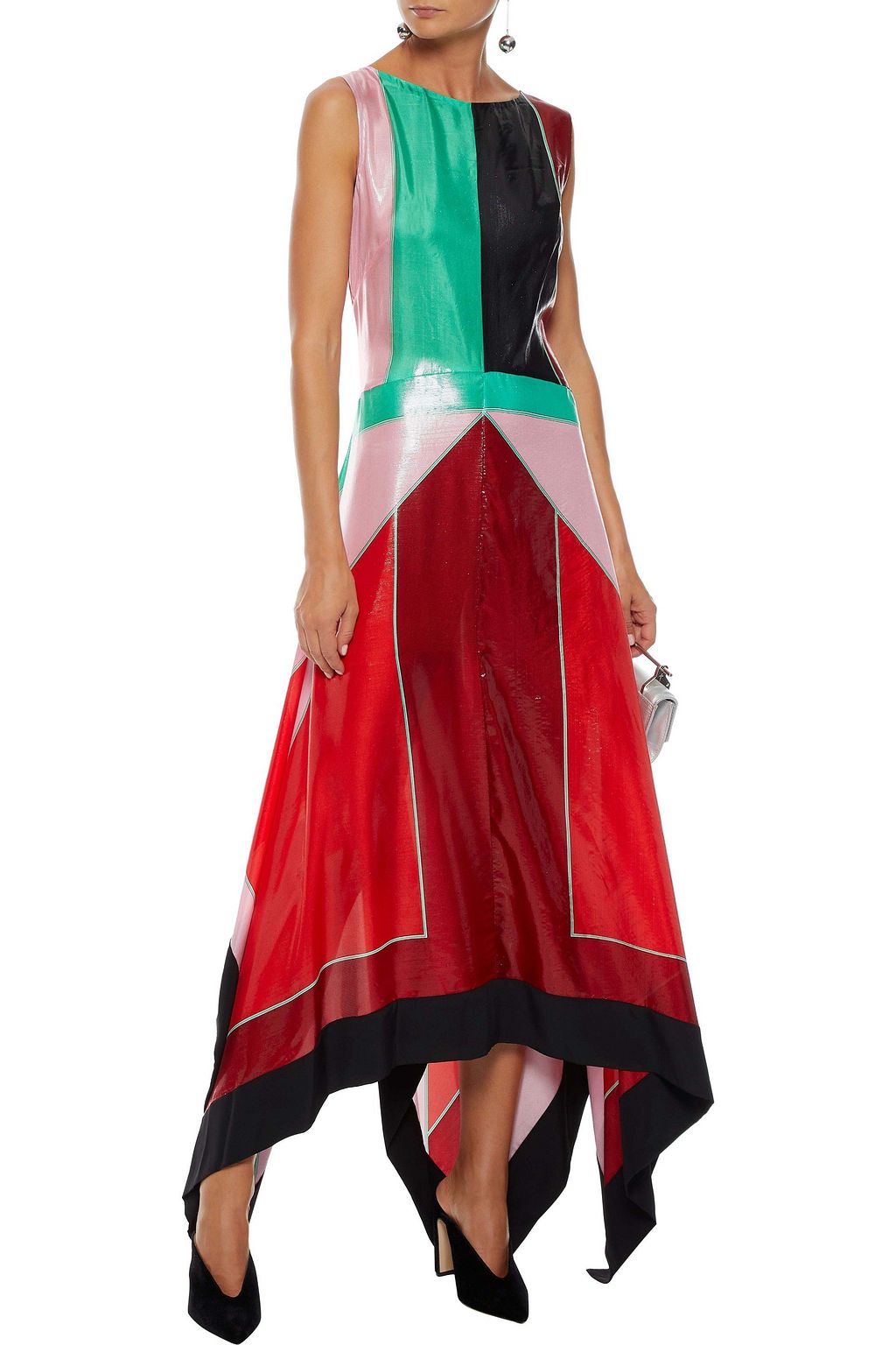 DIANE VON FURSTENBERG Asymmetric color-block coated silk-blend midi dress
