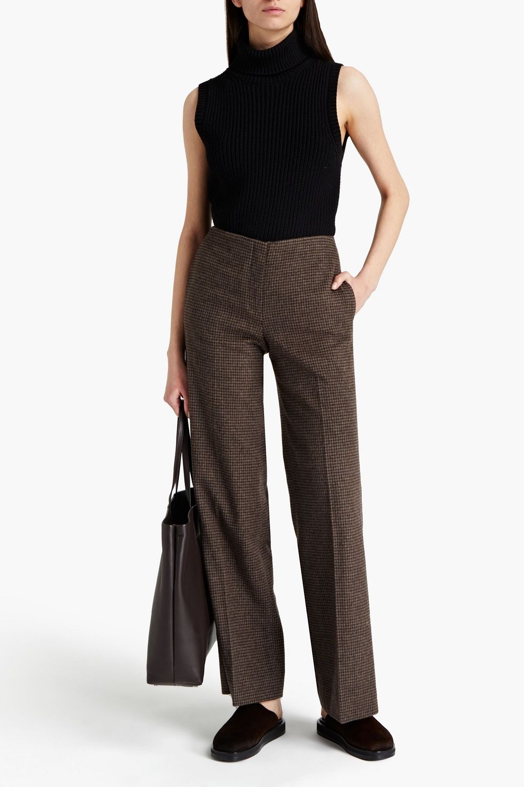 THEORY Houndstooth brushed wool-blend felt wide-leg pants