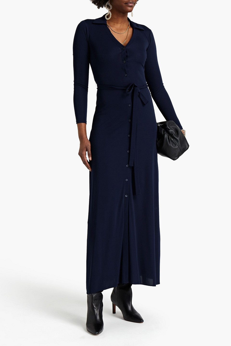 Halston Savanna Stretch-crepe Maxi Shirt Dress In Navy