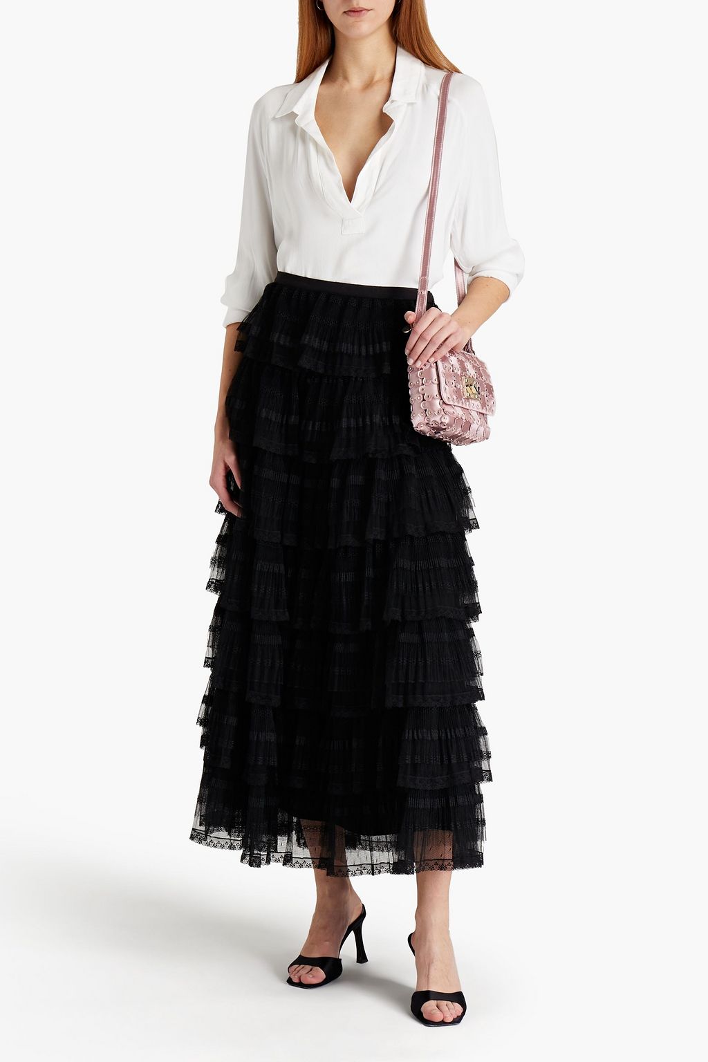 REDVALENTINO Tiered lace-trimmed tulle maxi skirt