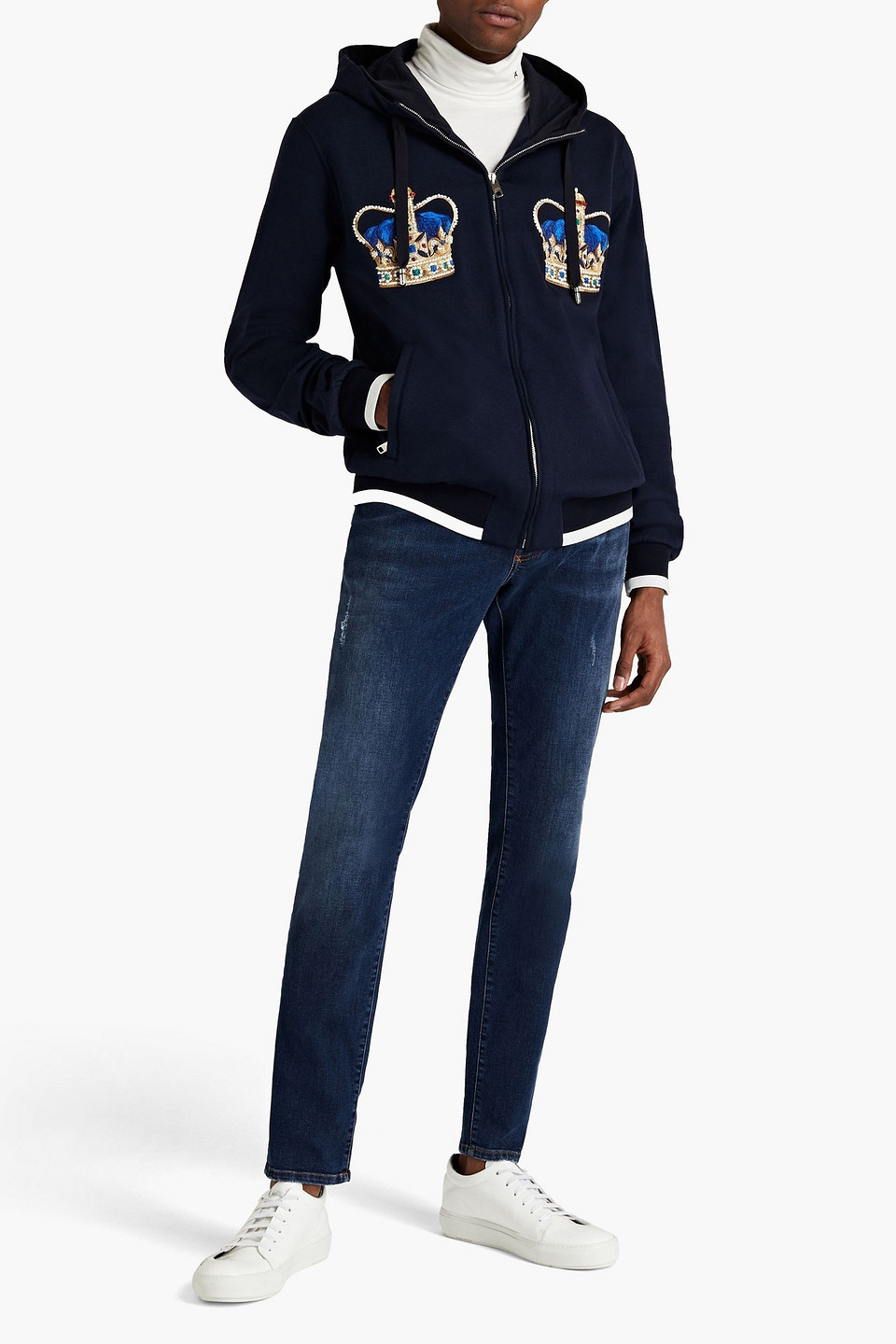 Dolce & Gabbana Man Embroidered Cotton-fleece Zip-up Hoodie In Blue