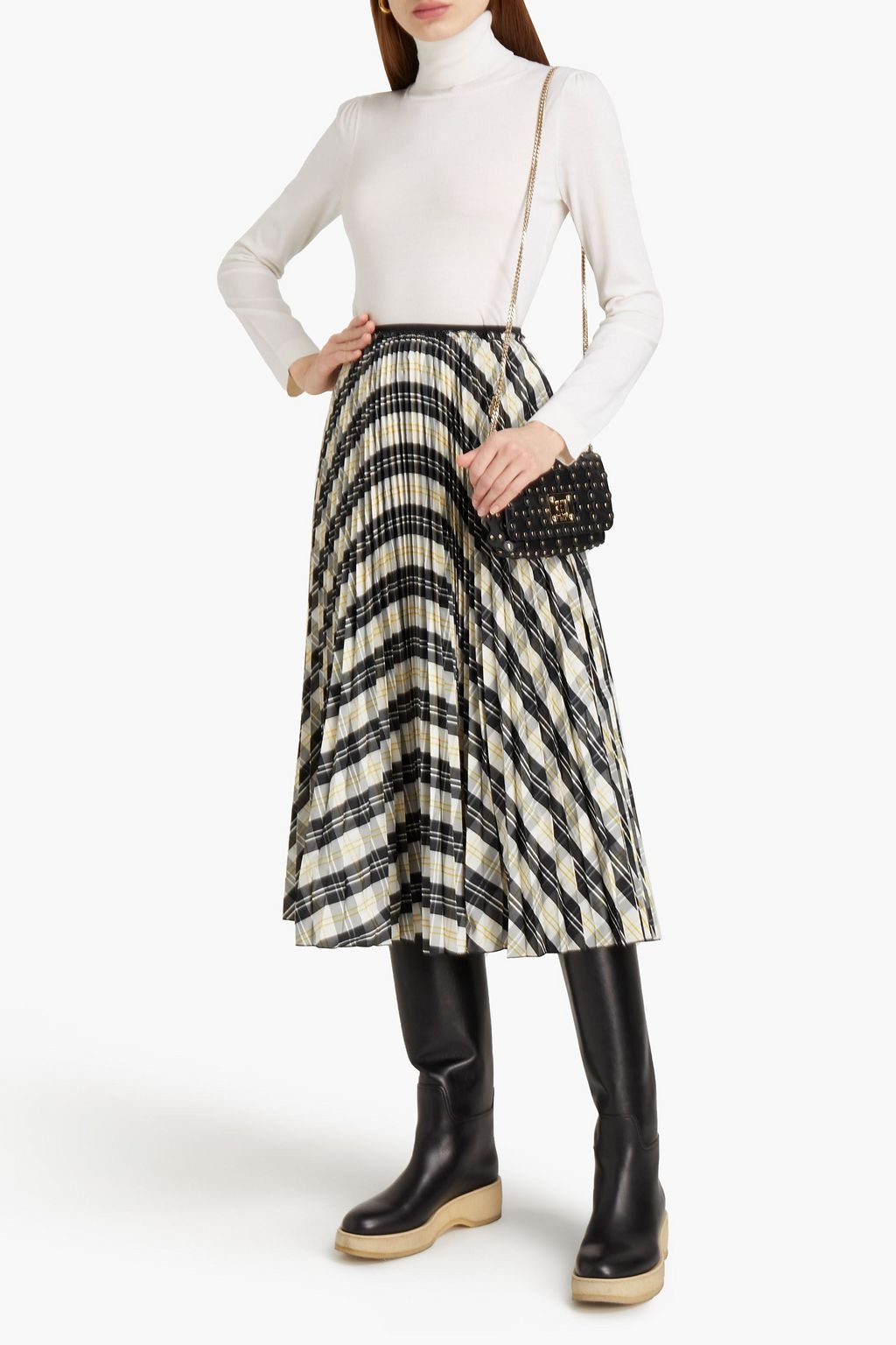REDVALENTINO Pleated checked shell midi skirt