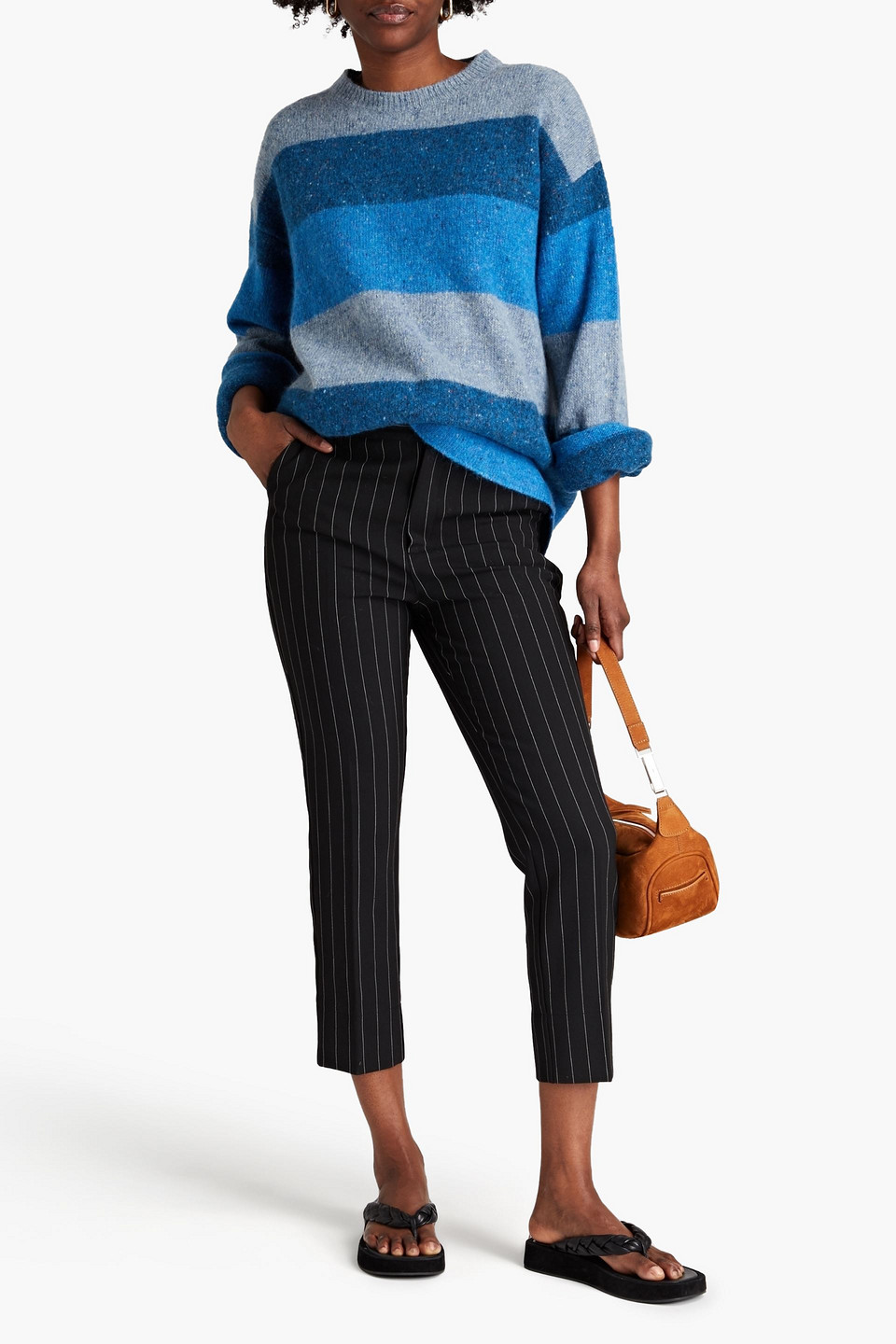 Ganni Cropped Pinstriped Crepe Tapered Trousers