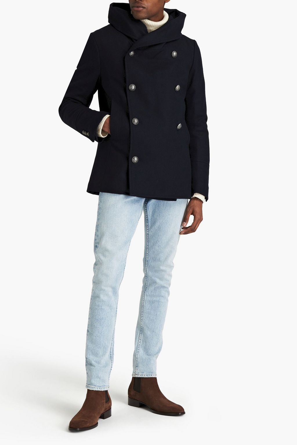 BALMAIN Wool-blend felt hooded peacoat