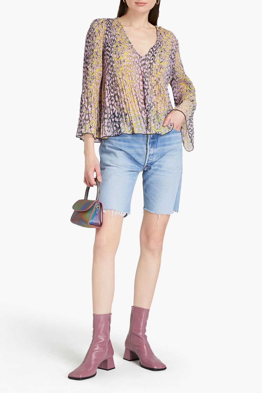 GANNI Pleated printed crepe blouse