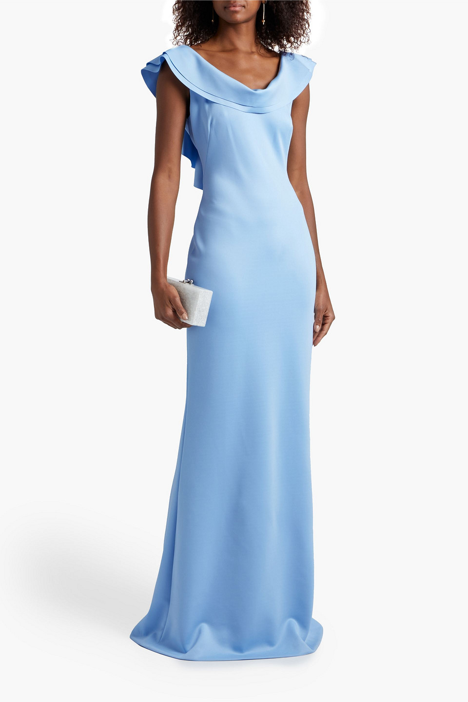 Black Halo Patricia Ruffled Ponte Gown In Light Blue