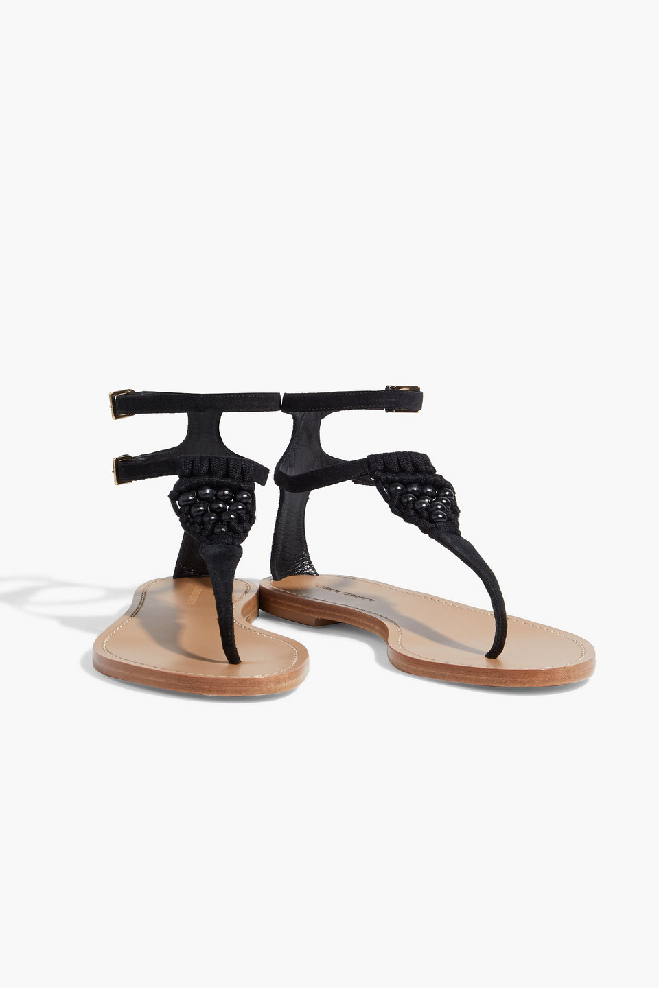 Alberta Ferretti Bead-embellished Macramé-trimmed Suede Sandals In Black