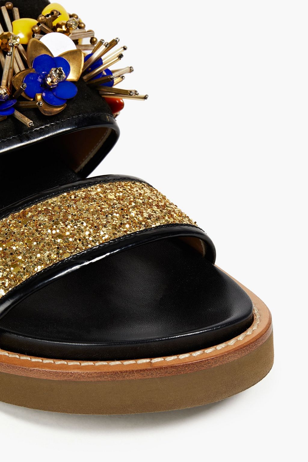 MARNI Embellished glittered leather and suede slingback sandals