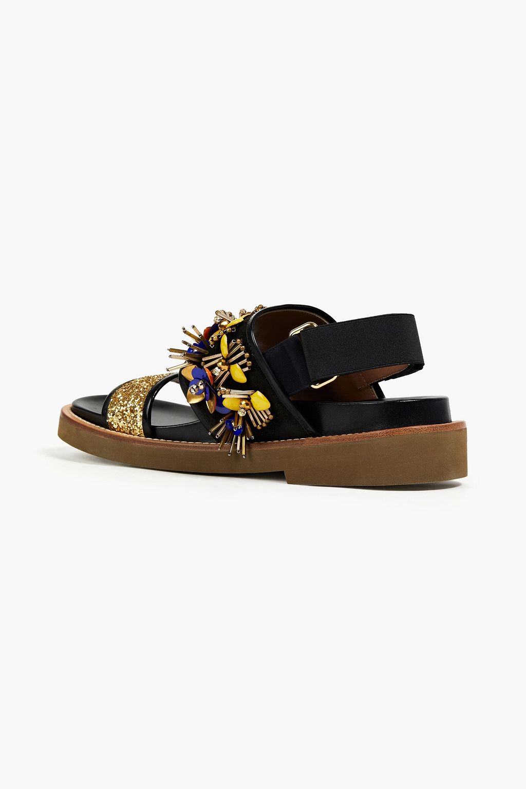 MARNI Embellished glittered leather and suede slingback sandals
