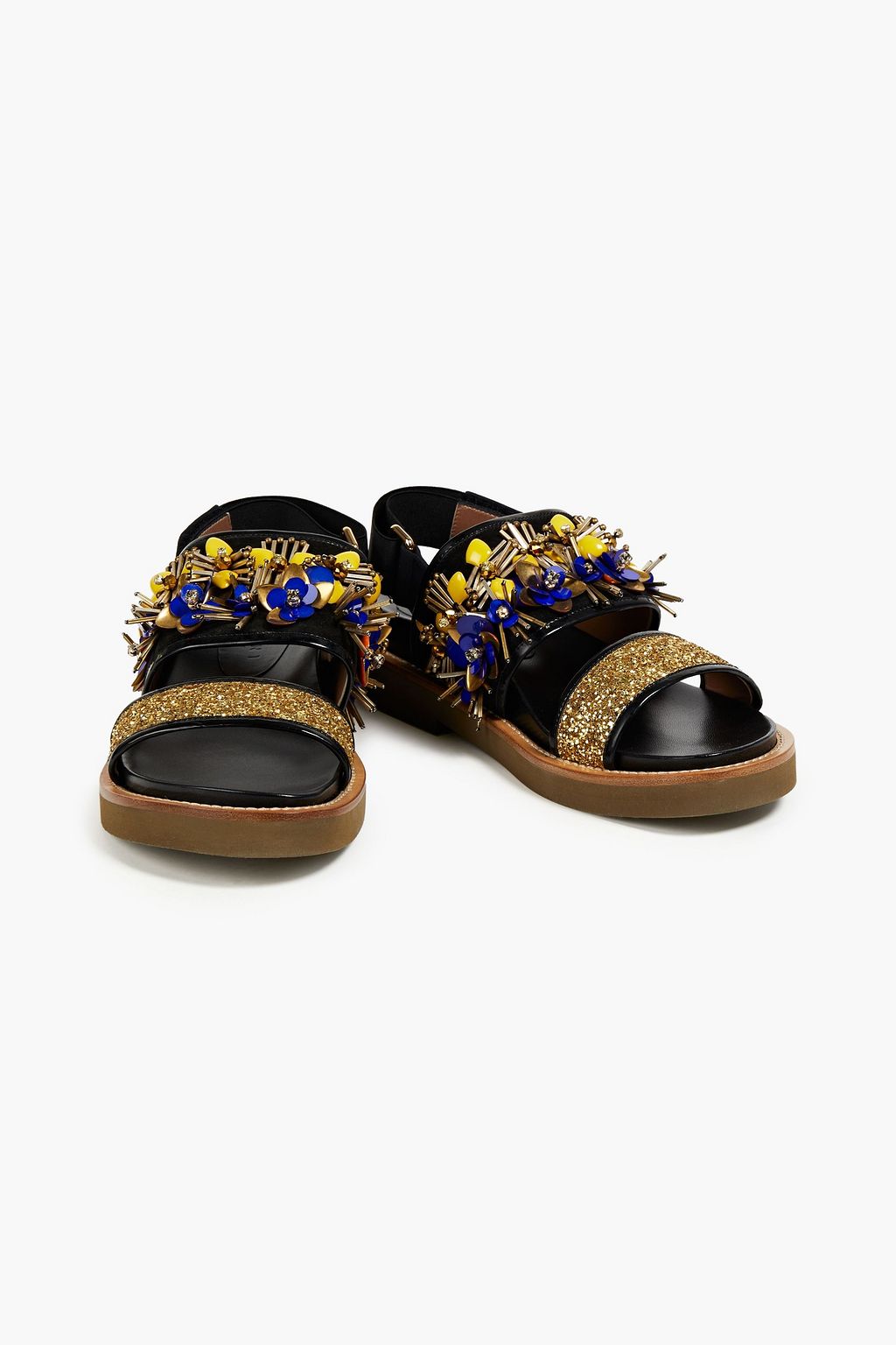MARNI Embellished glittered leather and suede slingback sandals