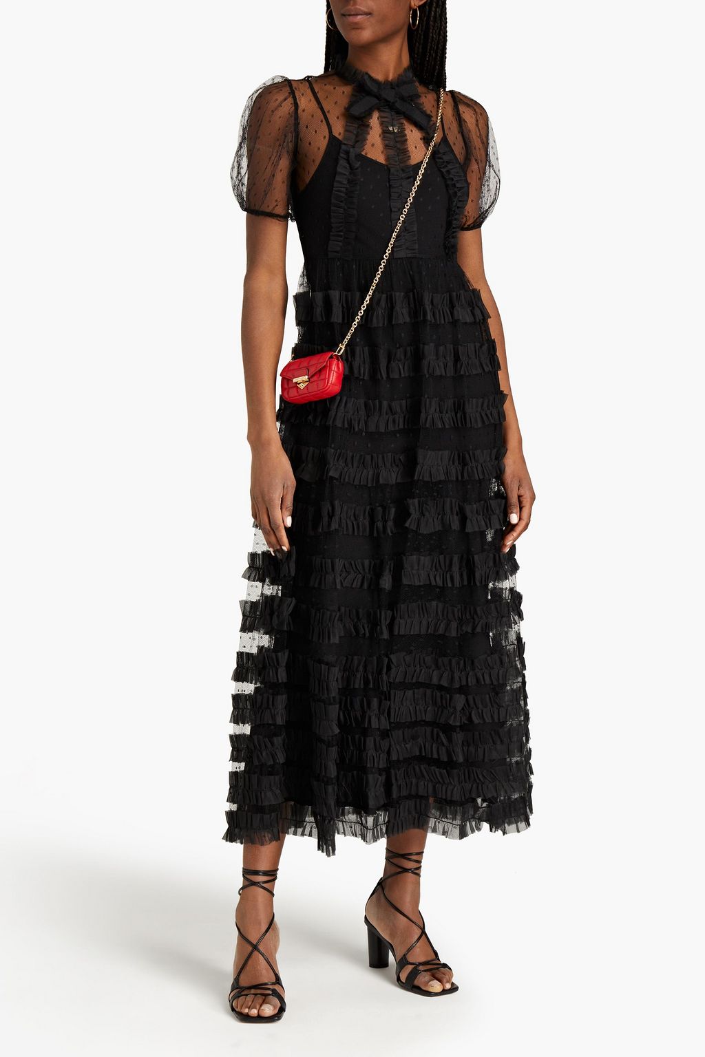 REDVALENTINO Bow-detailed ruffled point d'esprit midi dress