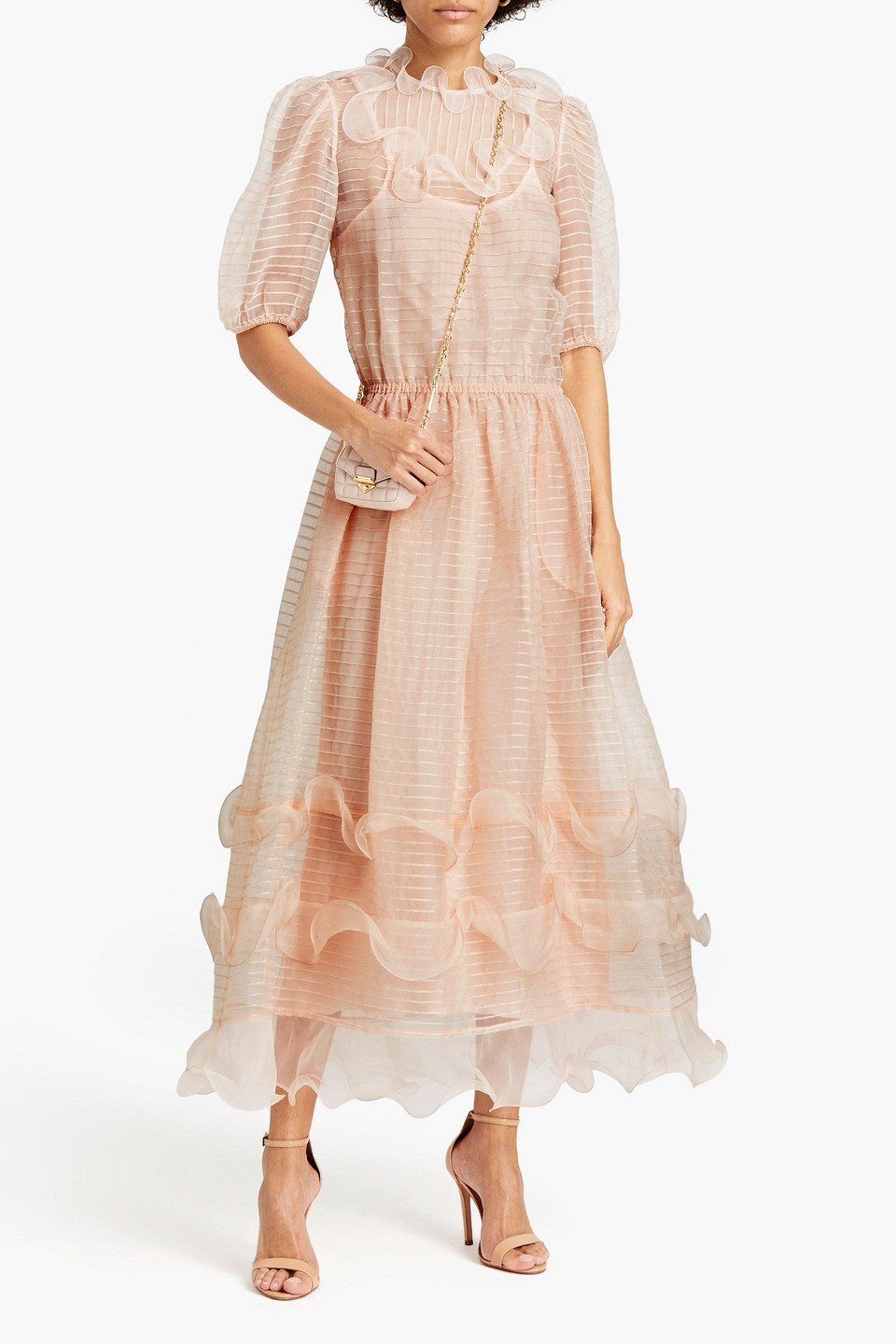 Red Valentino Pintucked Metallic Silk-organza Maxi Dress In Blush