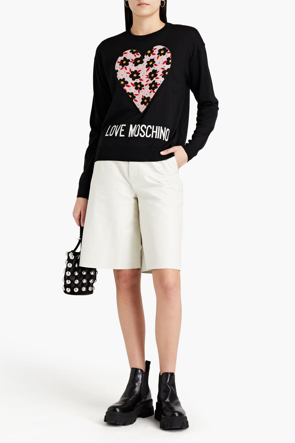 LOVE MOSCHINO Appliquéd wool-blend jacquard-knit top