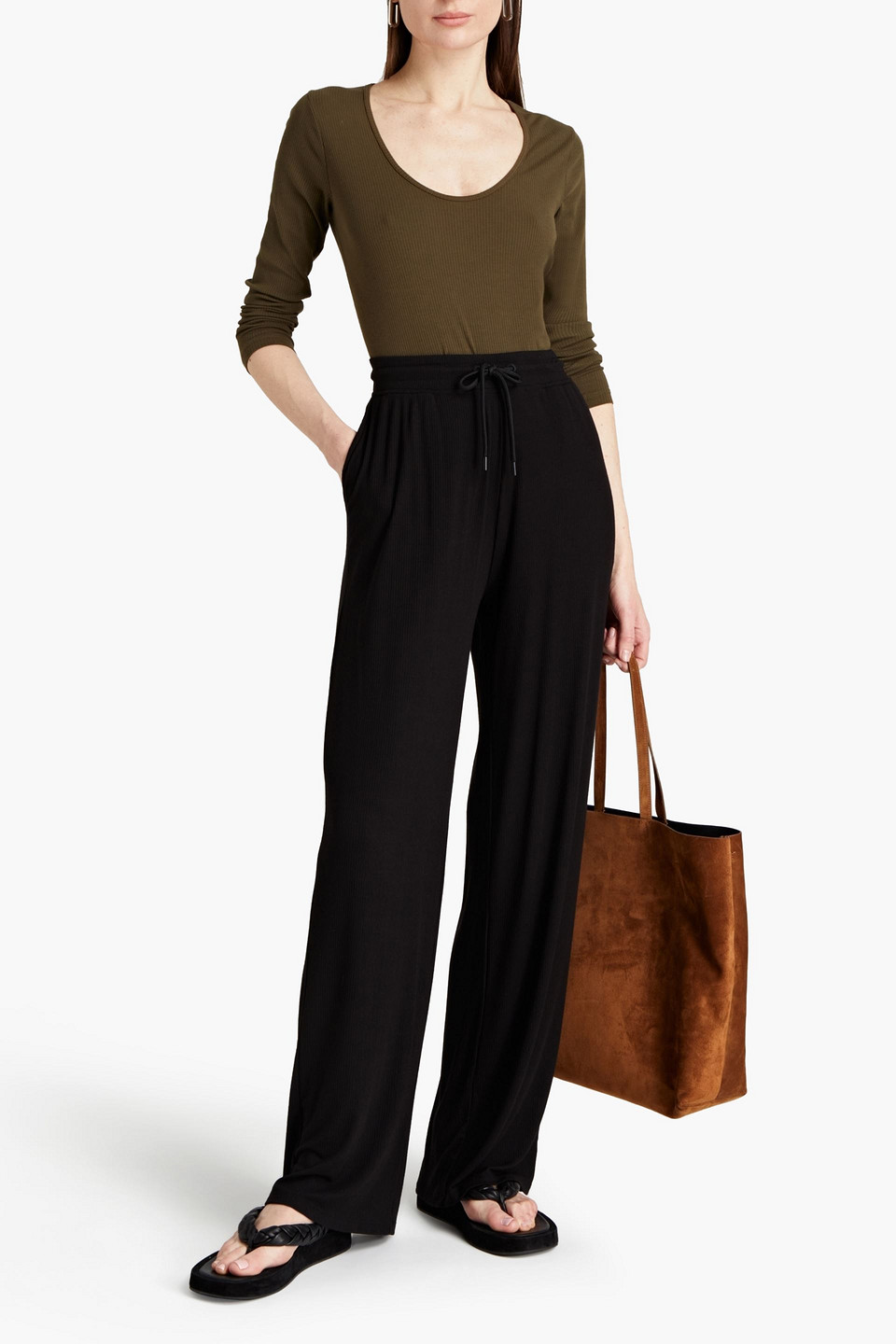 Atm Anthony Thomas Melillo Ribbed Modal-blend Jersey Wide-leg Trousers In Black