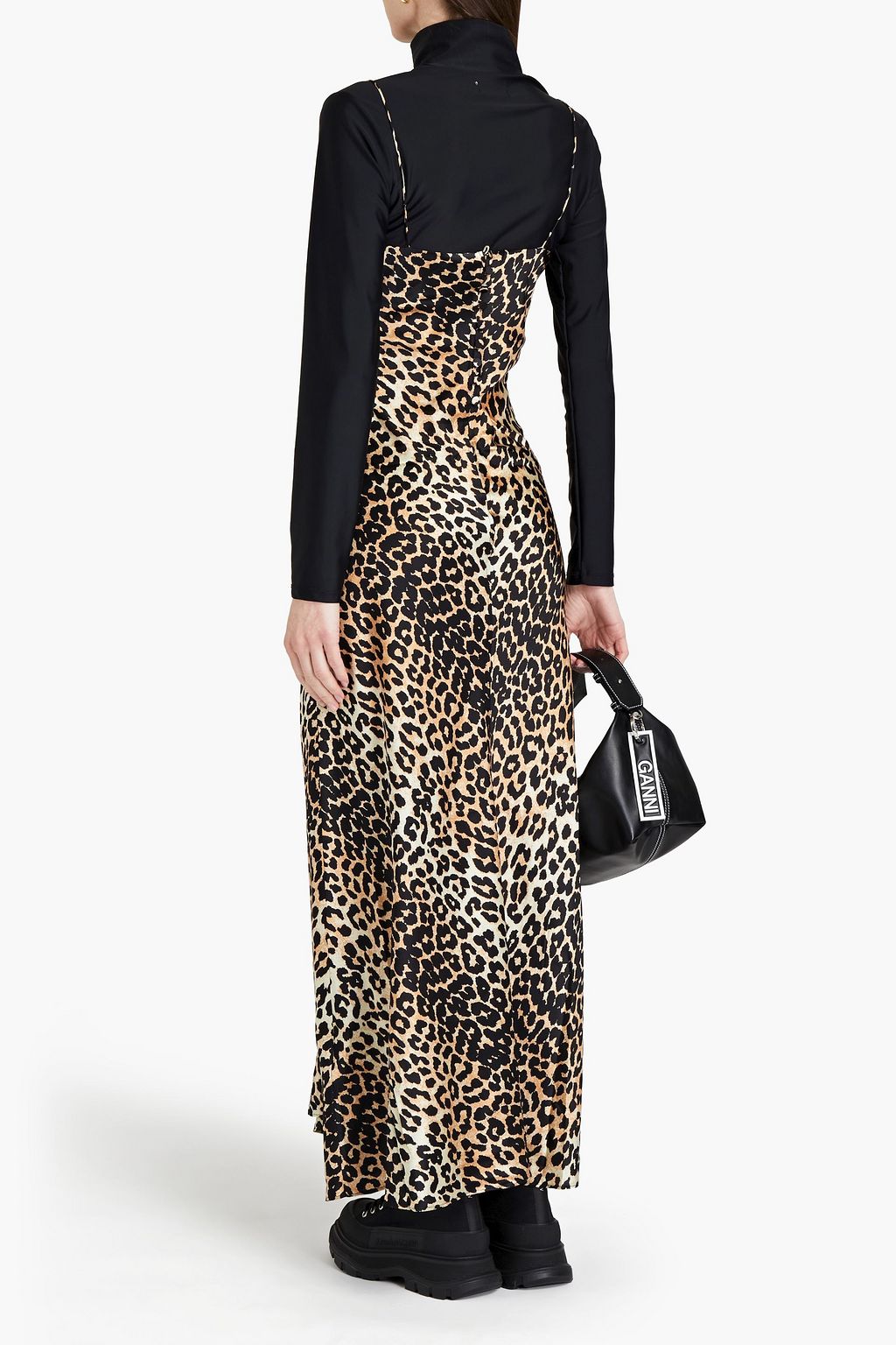 GANNI Leopard-print stretch-silk satin maxi slip dress