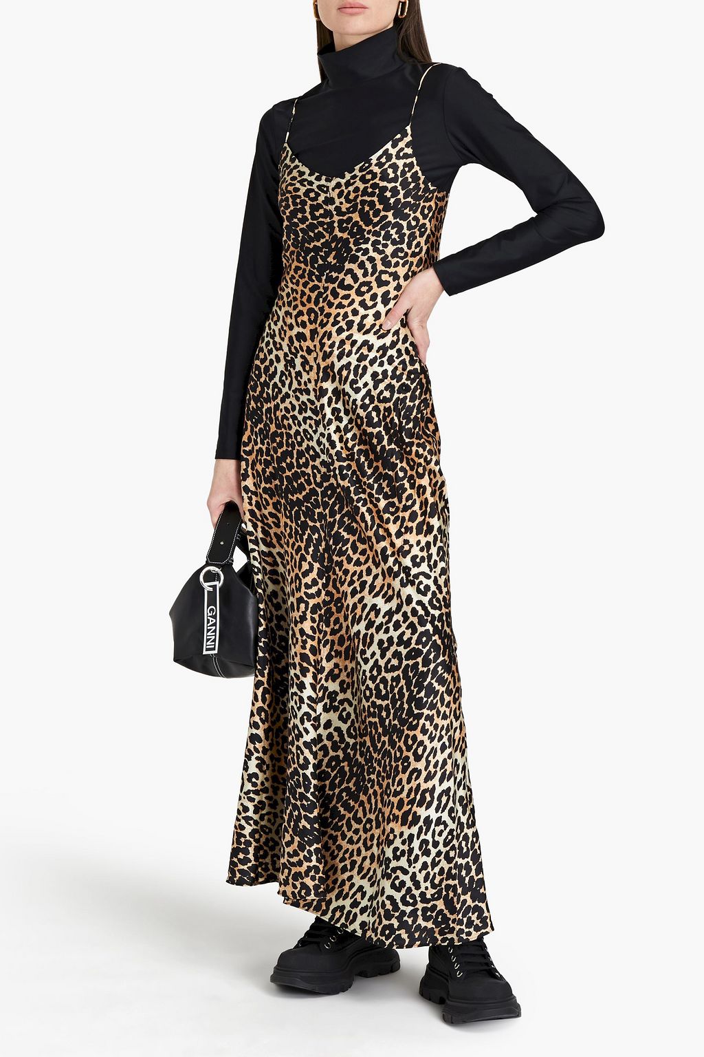GANNI Leopard-print stretch-silk satin maxi slip dress