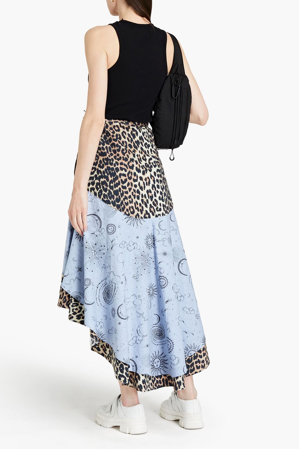 GANNI Tiered paneled printed cotton midi wrap skirt