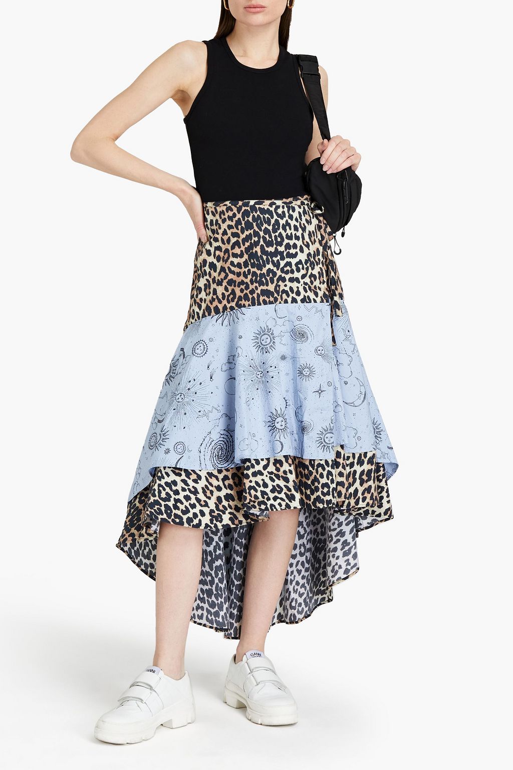 GANNI Tiered paneled printed cotton midi wrap skirt