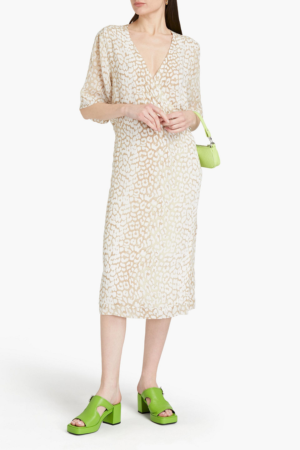 Ganni Leopard-print Crepe Midi Wrap Dress In Neutrals | ModeSens