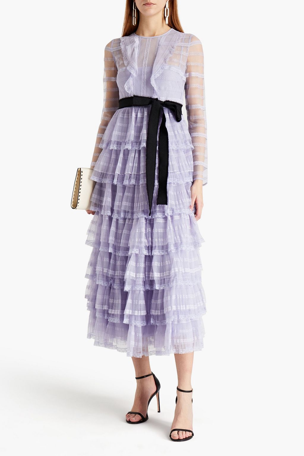 REDVALENTINO Tiered lace-trimmed tulle midi dress