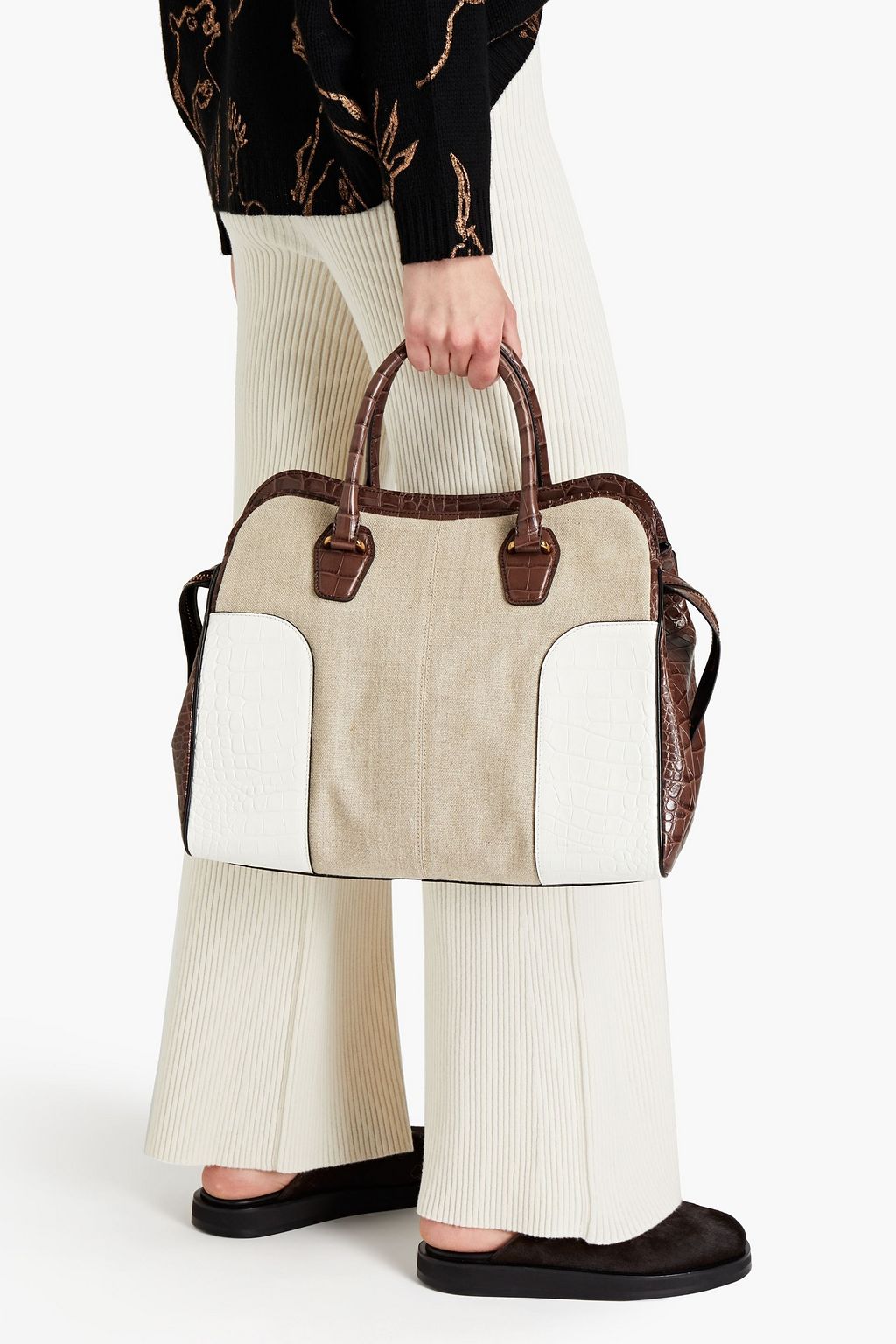 TOD'S Croc-effect leather-paneled canvas tote