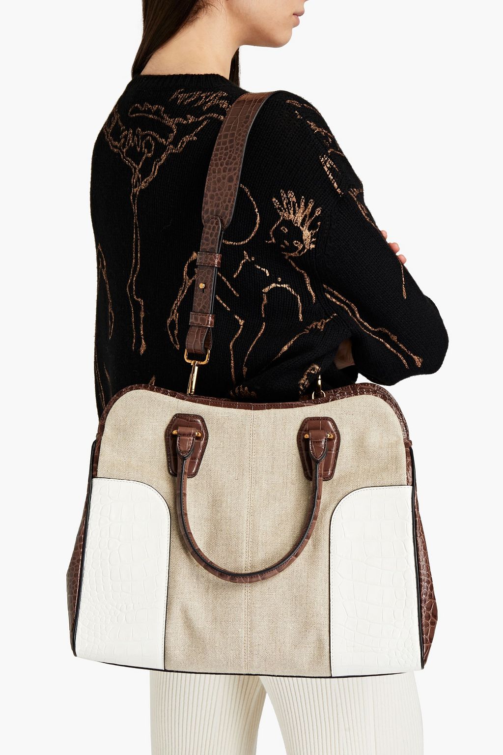 TOD'S Croc-effect leather-paneled canvas tote