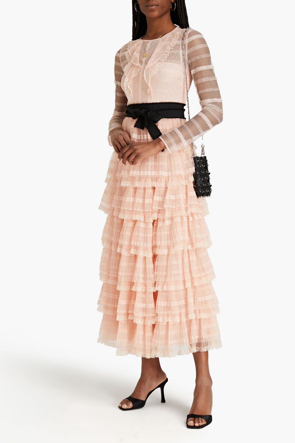 REDVALENTINO Tiered lace-trimmed tulle midi dress