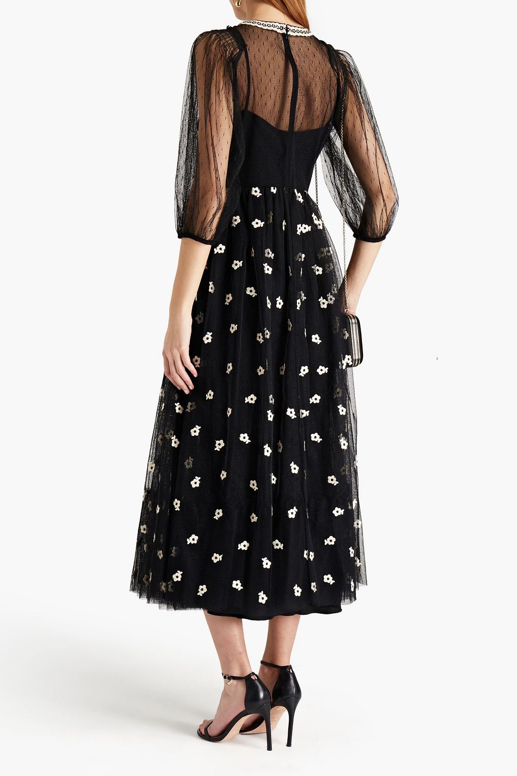 REDVALENTINO Point d'esprit-paneled embroidered tulle midi dress
