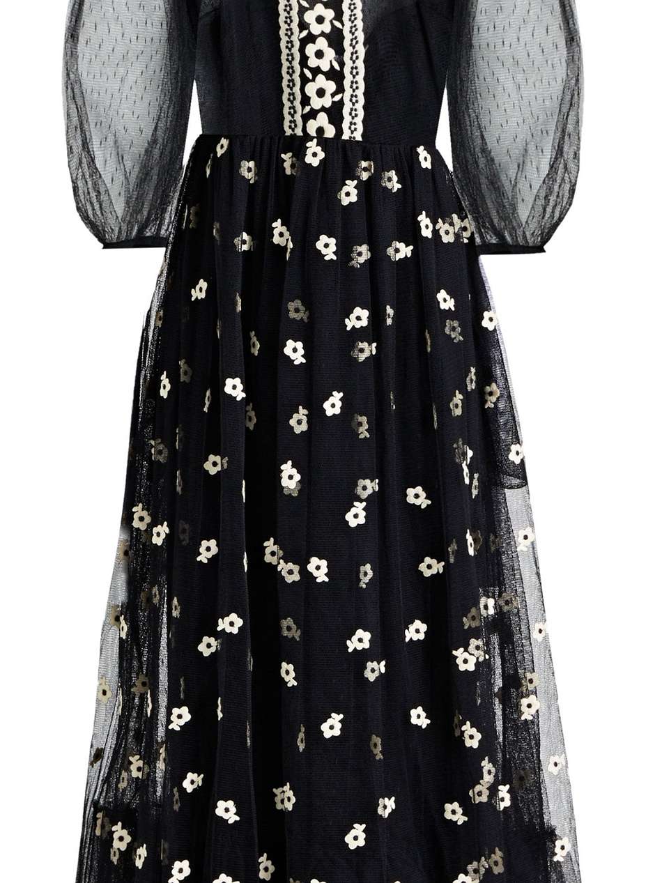 point d'esprit-paneled embroidered tulle midi dress