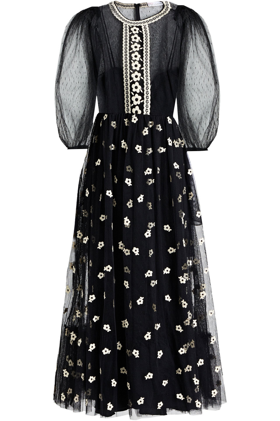 Redvalentino Woman Point D'esprit-paneled Embroidered Tulle Midi Dress Black Size 44