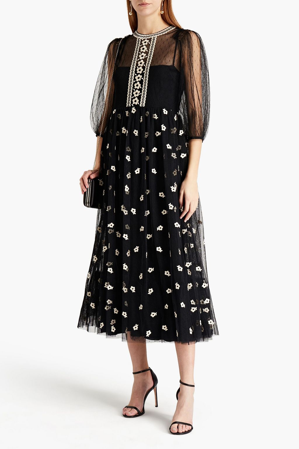 REDVALENTINO Point d'esprit-paneled embroidered tulle midi dress