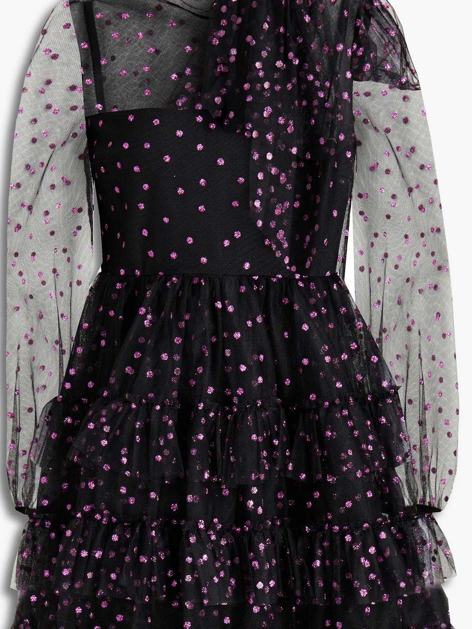 pussy-bow tiered glittered tulle mini dress