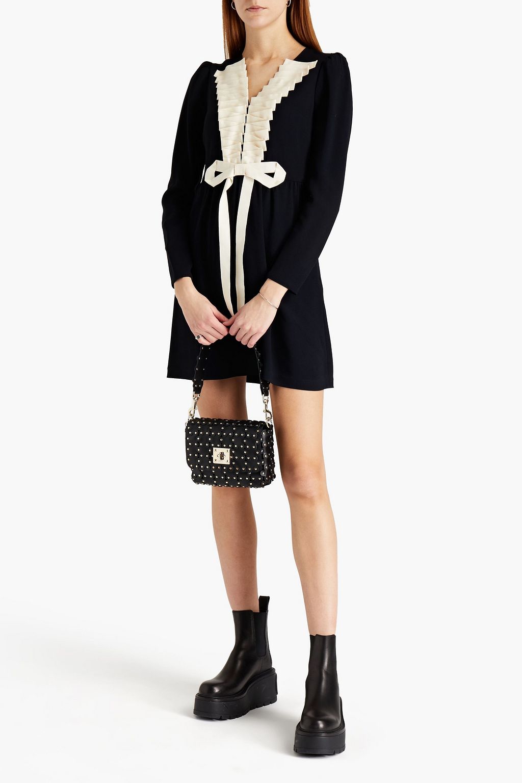 REDVALENTINO Bow-detailed pleated crepe mini dress