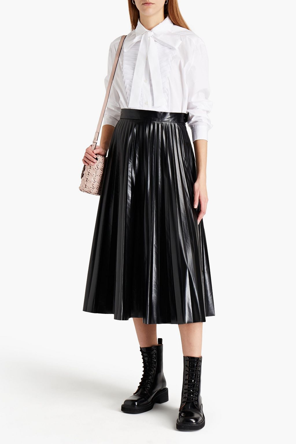 REDVALENTINO Pussy-bow pleated cotton-poplin shirt
