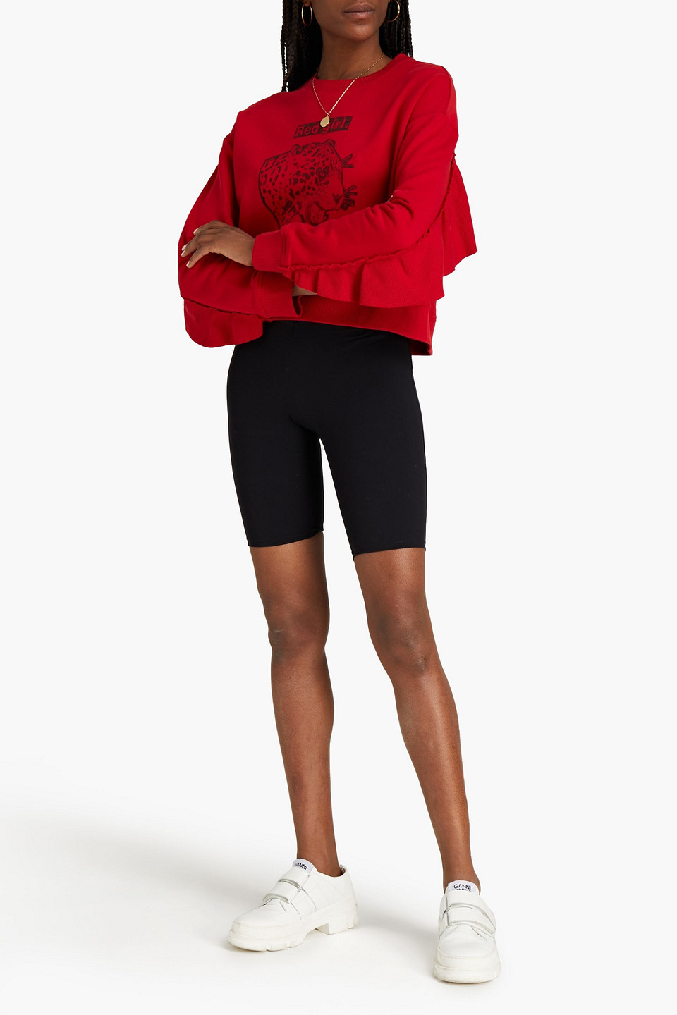 Red Valentino Ruffled Printed French Cotton-blend Terry Sweatshirt In Red